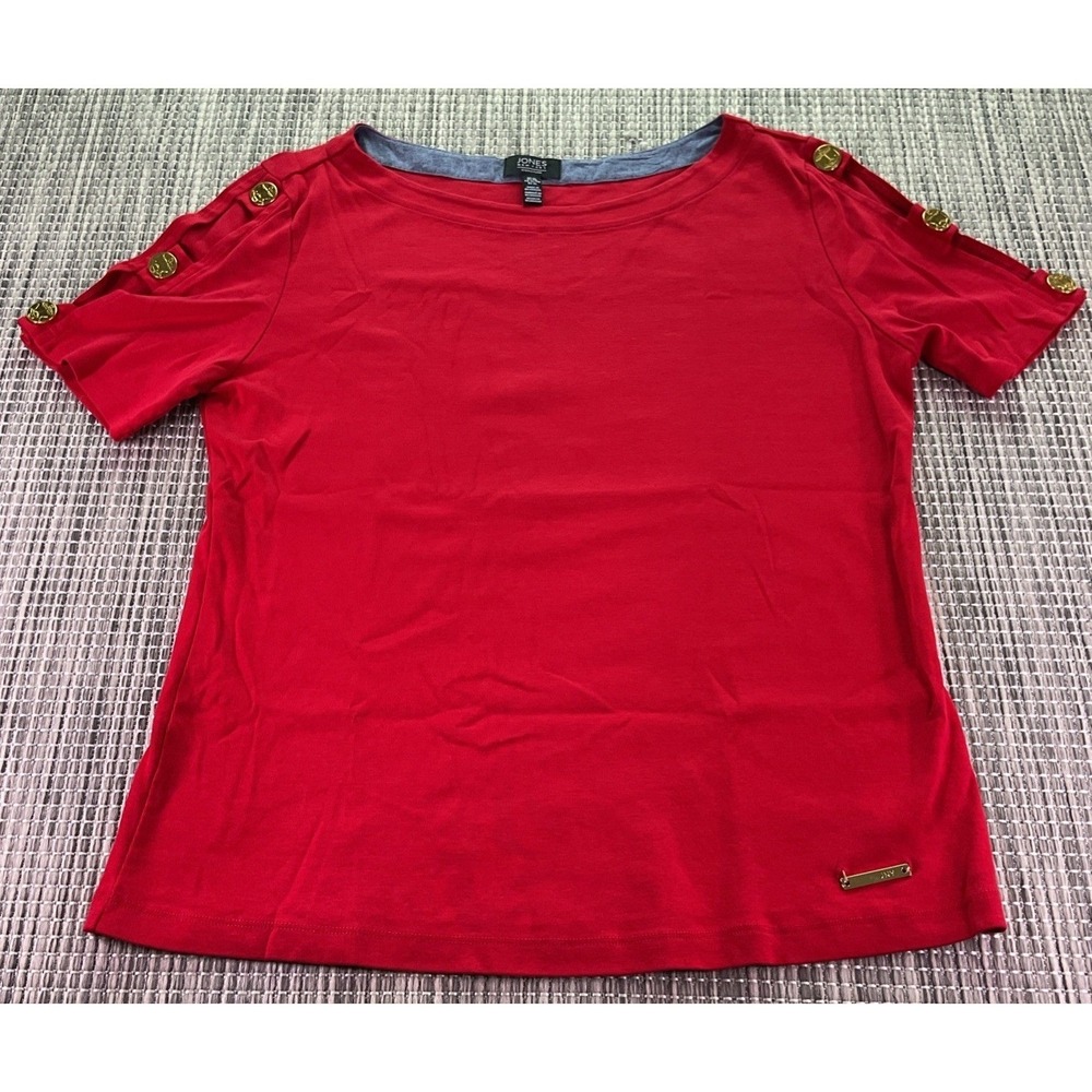Jones New York Signature Red Cotton Top Gold Anchor Buttons Nautical XL